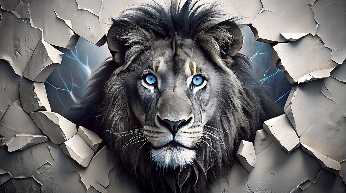 Fierce Lion Through Broken Concrete Wall Mural in your room — zoomed
