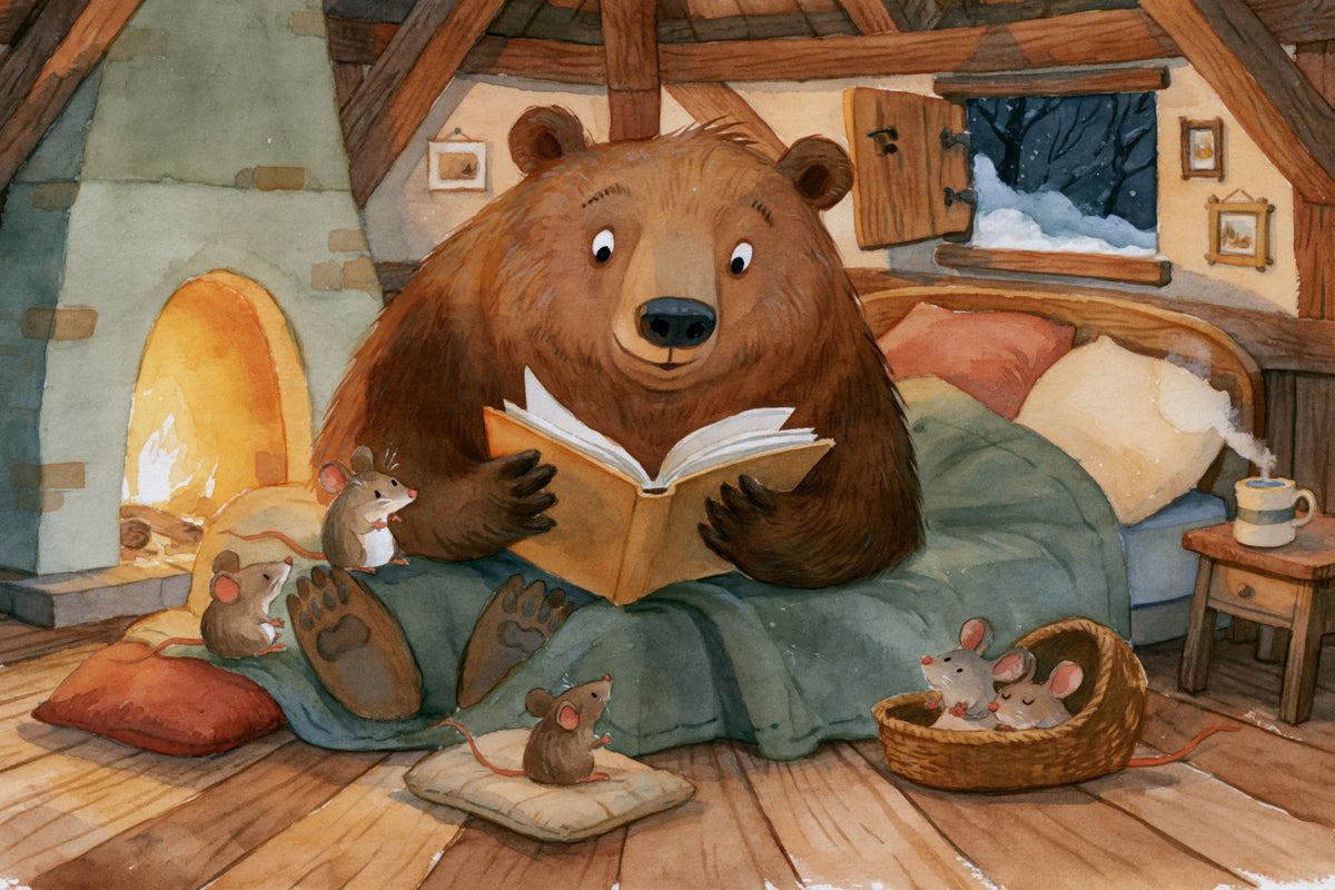 Woodland Friends Bear Fireside Story With Mice In A Winter Cabin Scene Wall Mural in your room — zoomed