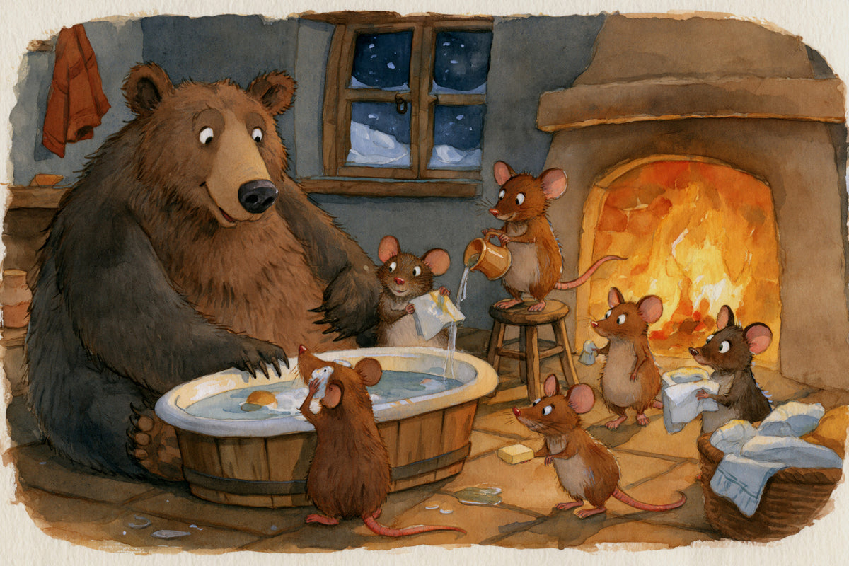 Woodland Friends Bear Bath Time With Mice In A Cozy Winter Cabin Scene Wall Mural in your room — zoomed