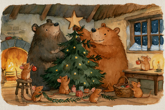 Woodland Friends Bears Decorate A Christmas Tree With Little Mice Tale Wall Mural