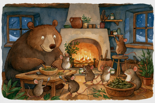 Woodland Friends Bear And Mice In Cozy Cottage Kitchen Story Scene Wall Mural