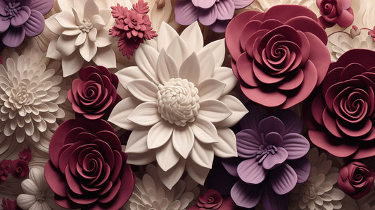 3D Velvet Bloom Dimensions in Burgundy and Lilac Wall Mural