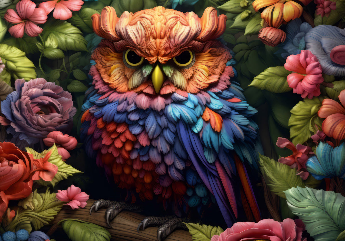 Vibrant Rainbow Owl Amongst Garden Blooms Wall Mural in your room — zoomed