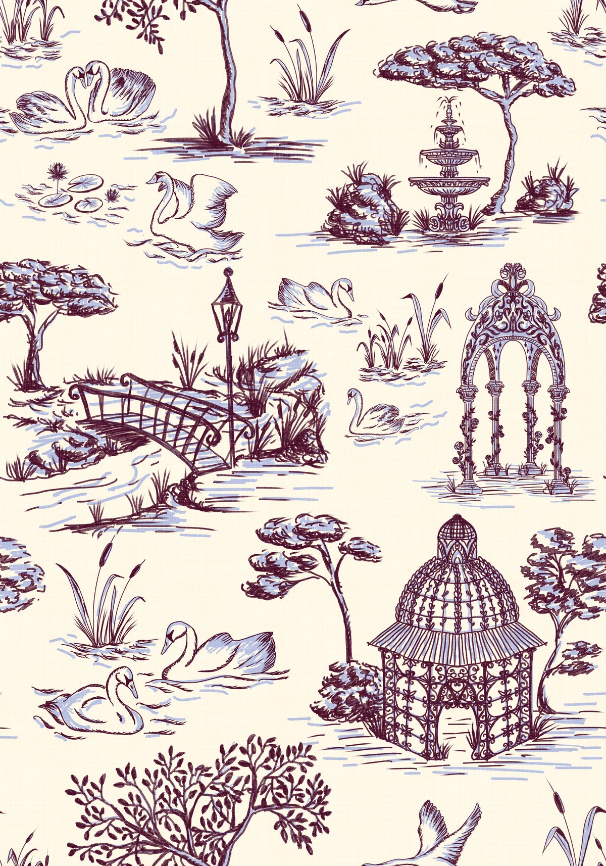Modern Toile de Jouy Swan Victorian Garden Scenery - Unexpected Contrast Wallpaper⁠