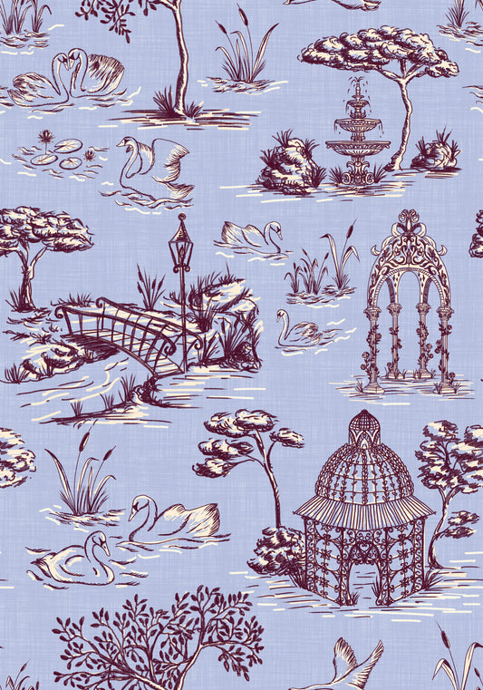 Modern Toile de Jouy Swan Victorian Garden Scenery - Warm & Cool Contrast Wallpaper⁠