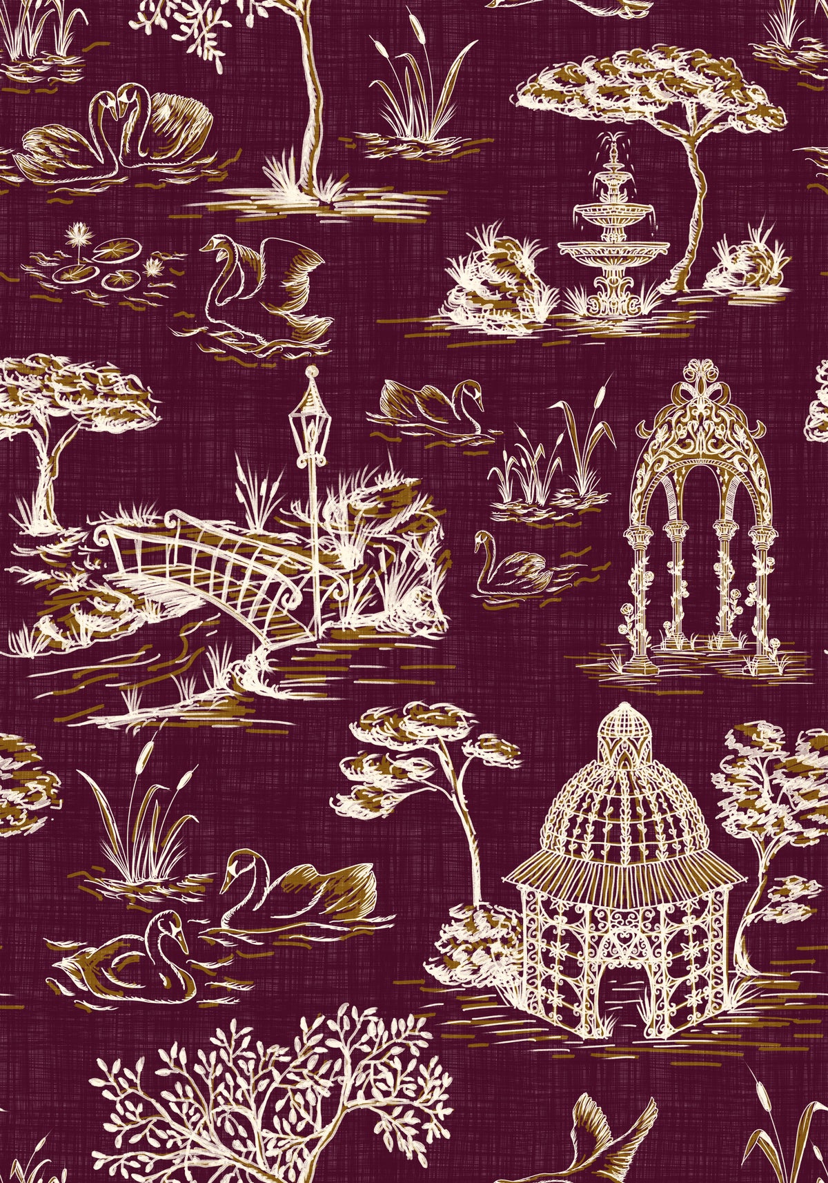 Modern Toile de Jouy Swan Victorian Garden Scenery - Royal Jewel Tone Wallpaper⁠