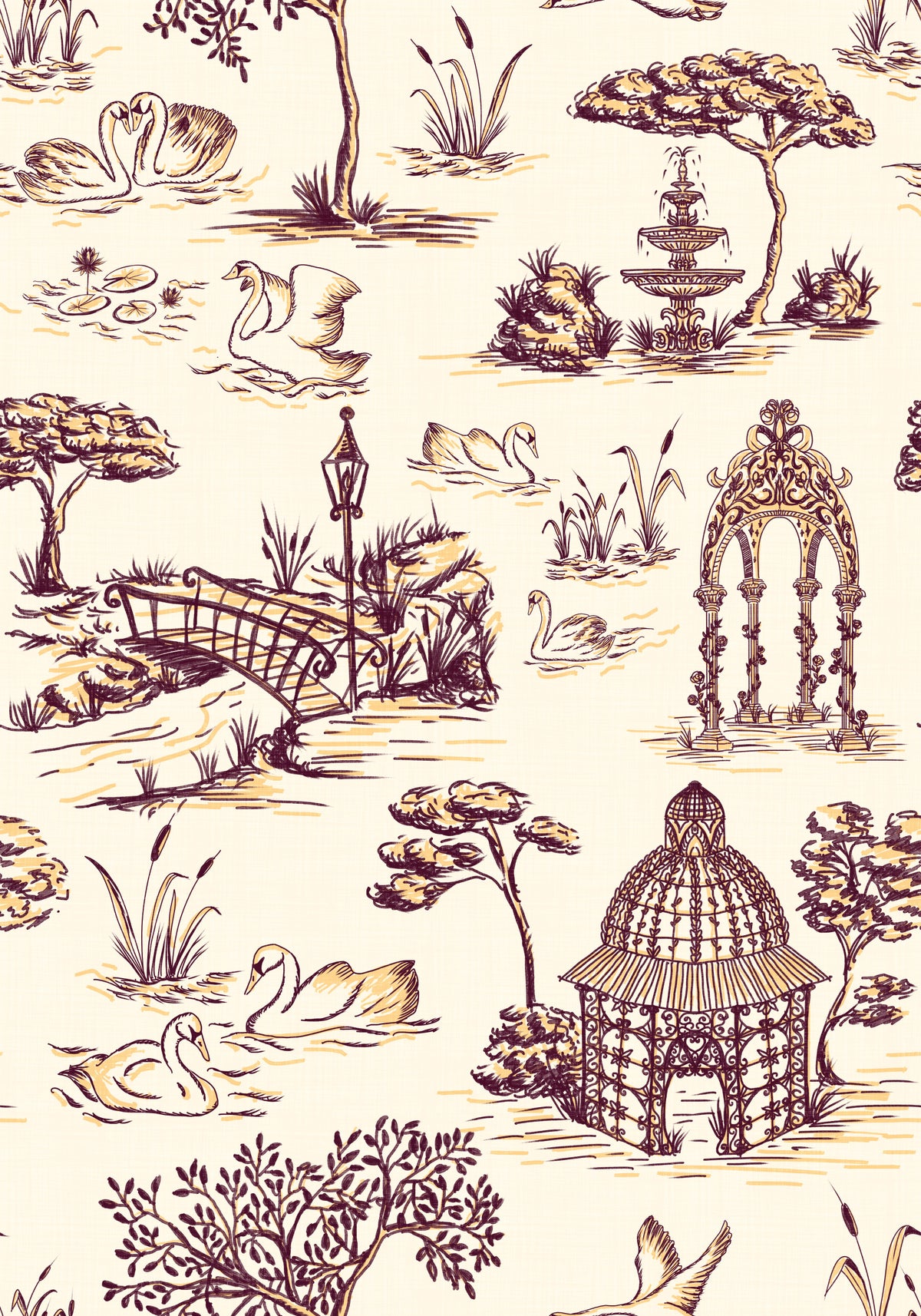 Modern Toile de Jouy Swan Victorian Garden Scenery - Rich Contrast Wallpaper⁠