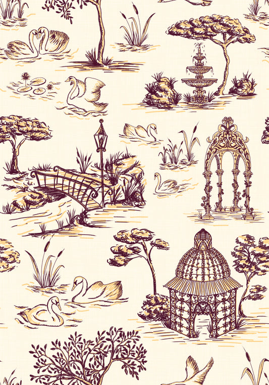 Modern Toile de Jouy Swan Victorian Garden Scenery - Rich Contrast Wallpaper⁠