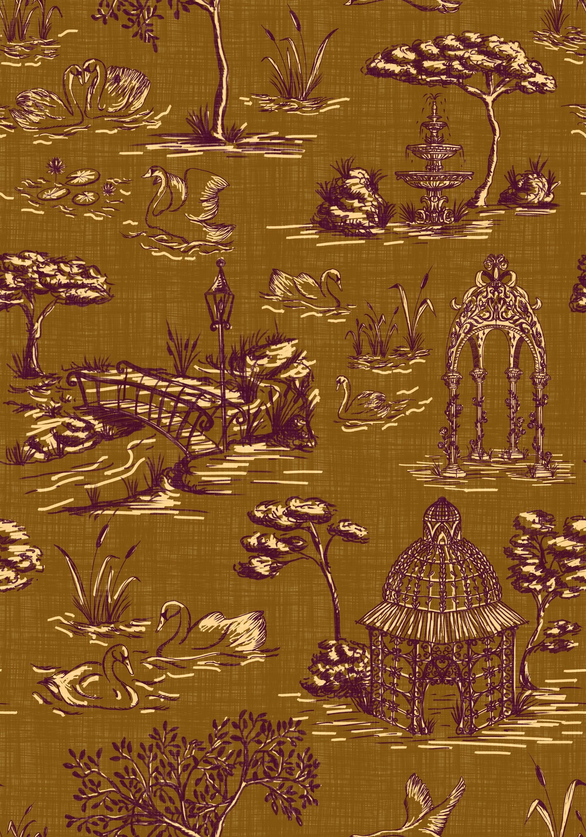 Modern Toile de Jouy Swan Victorian Garden Scenery - Regal Gilded Warmth Wallpaper⁠