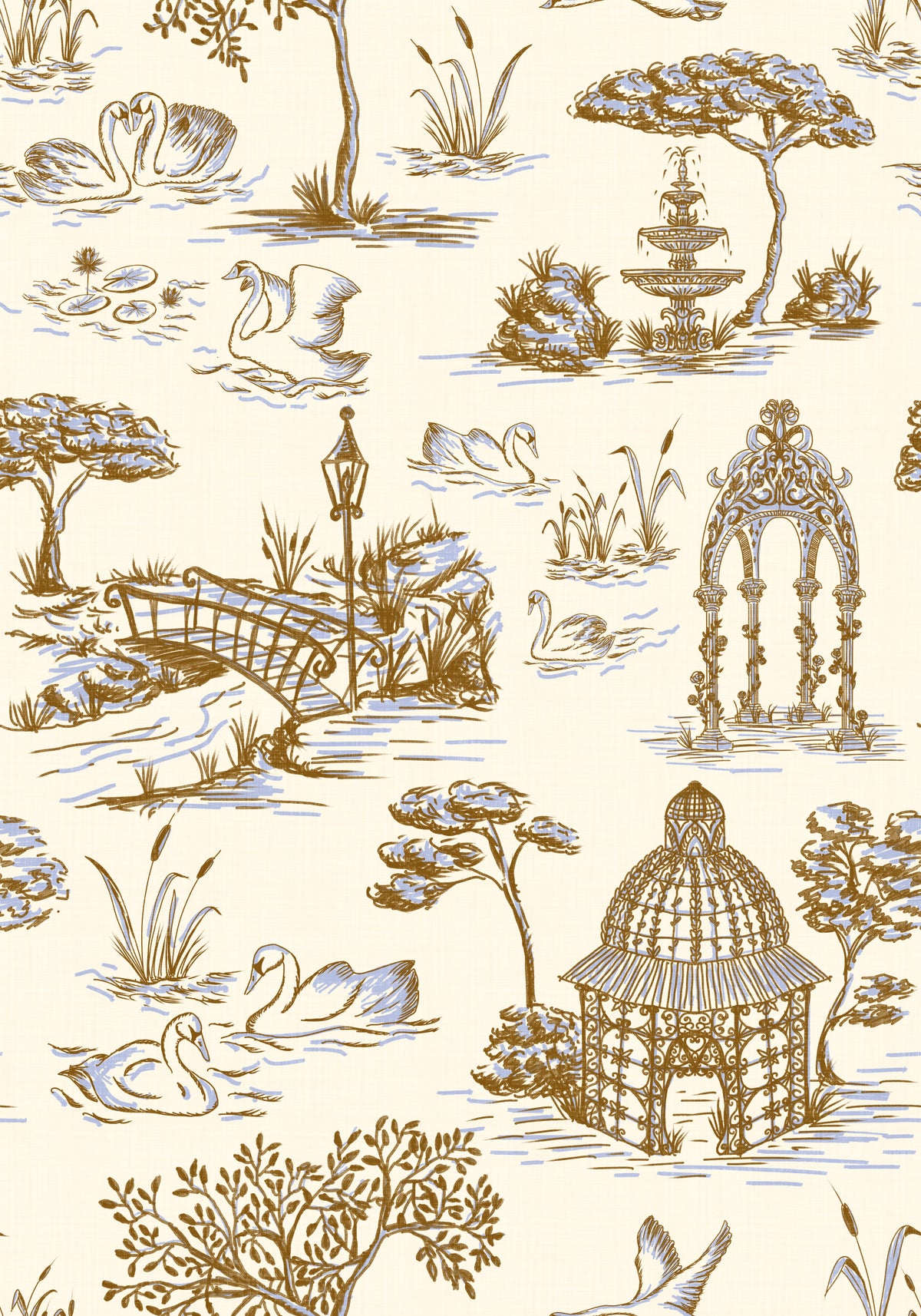 Modern Toile de Jouy Swan Victorian Garden Scenery - Gilded Contrast Wallpaper⁠ in your room — zoomed
