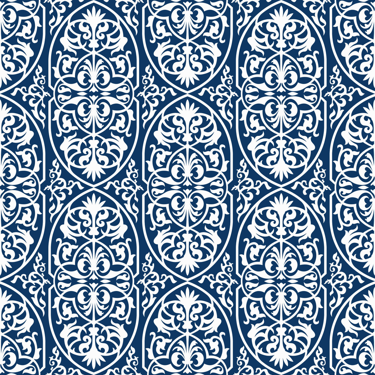 Midnight Damask Scroll Pattern Wallpaper⁠ in your room — zoomed