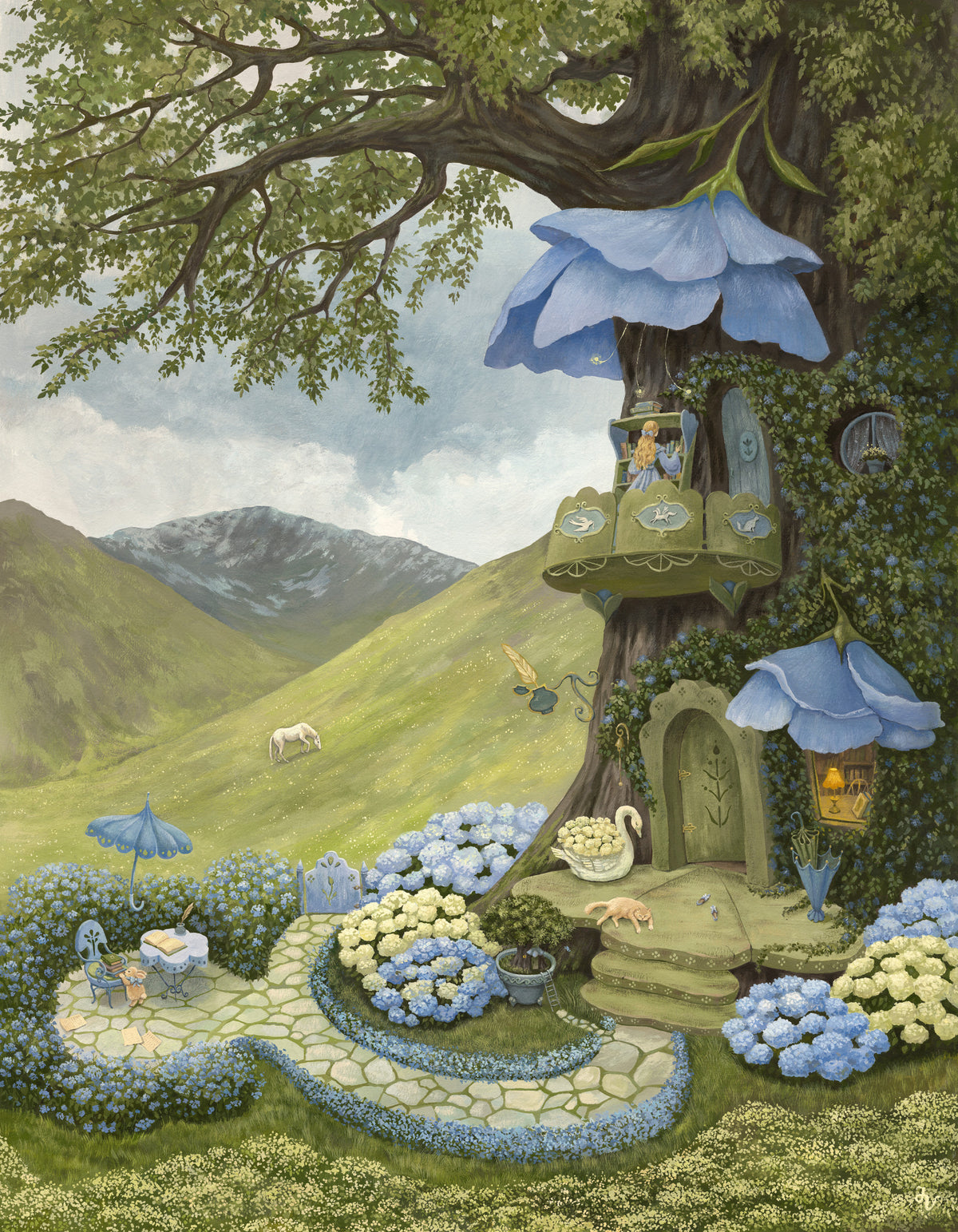 Enchanted Blue Flower Treehouse Wall Mural