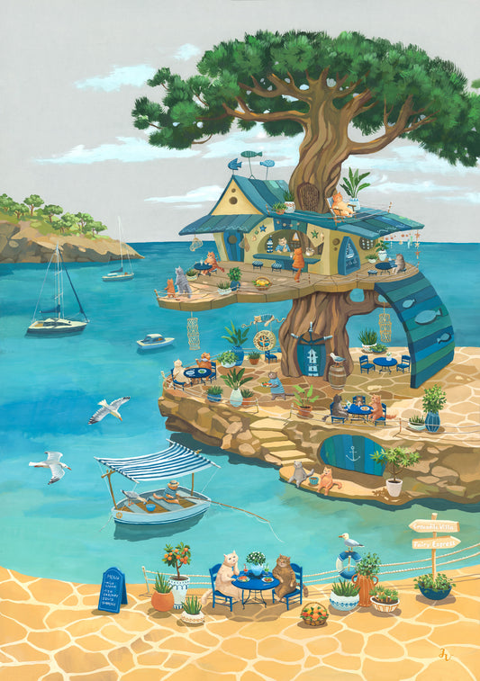 Coastal Cat Cafe Treehouse Scene Wall Mural