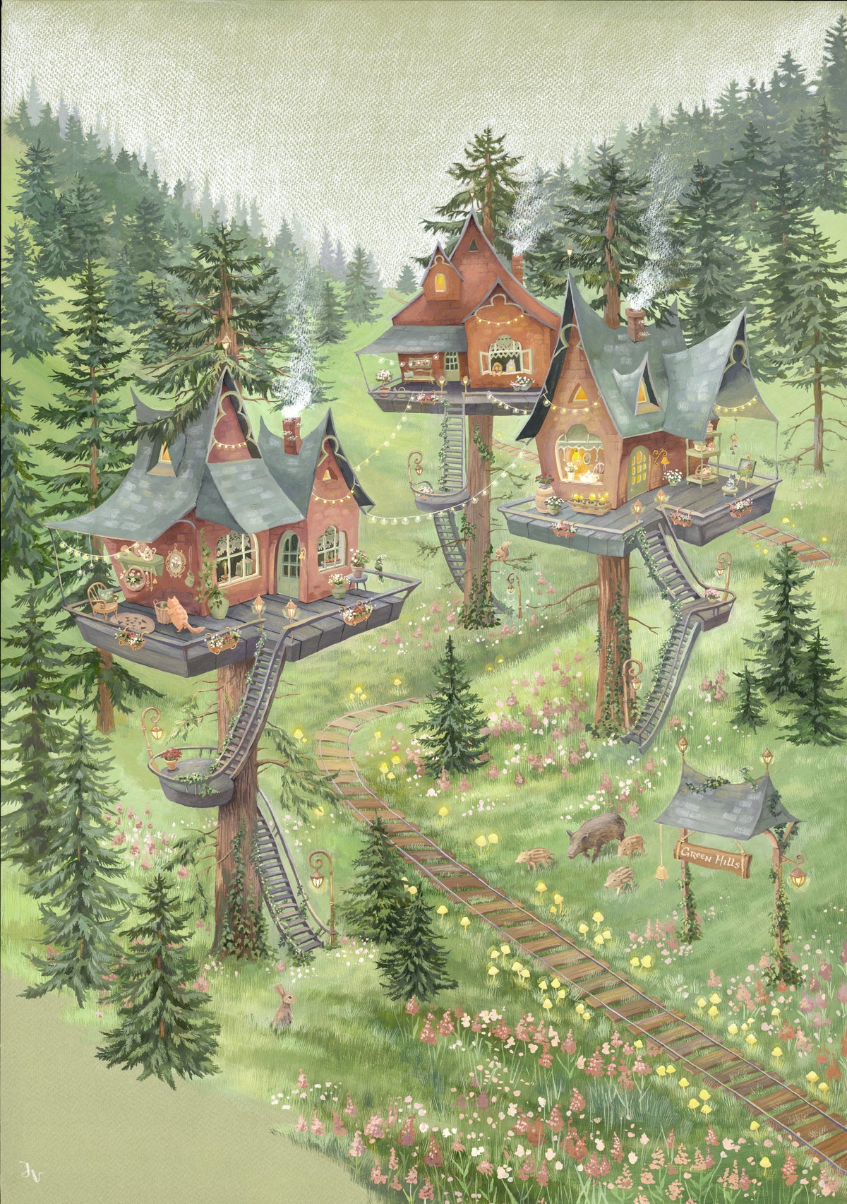 Whimsical Woodland Treehouse Village Scene Wall Mural