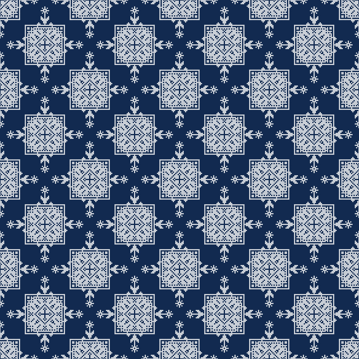 Indigo Cross-Stitch Tile Motif Wallpaper⁠