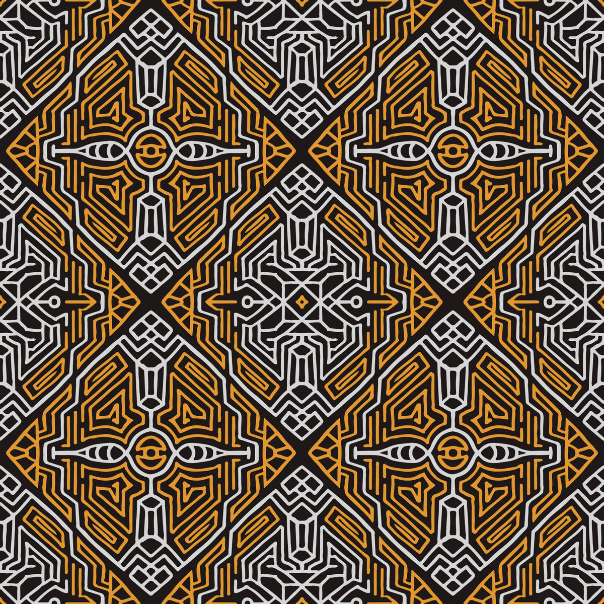 Noir and Gold Tribal Labyrinth Wallpaper⁠ in your room — zoomed