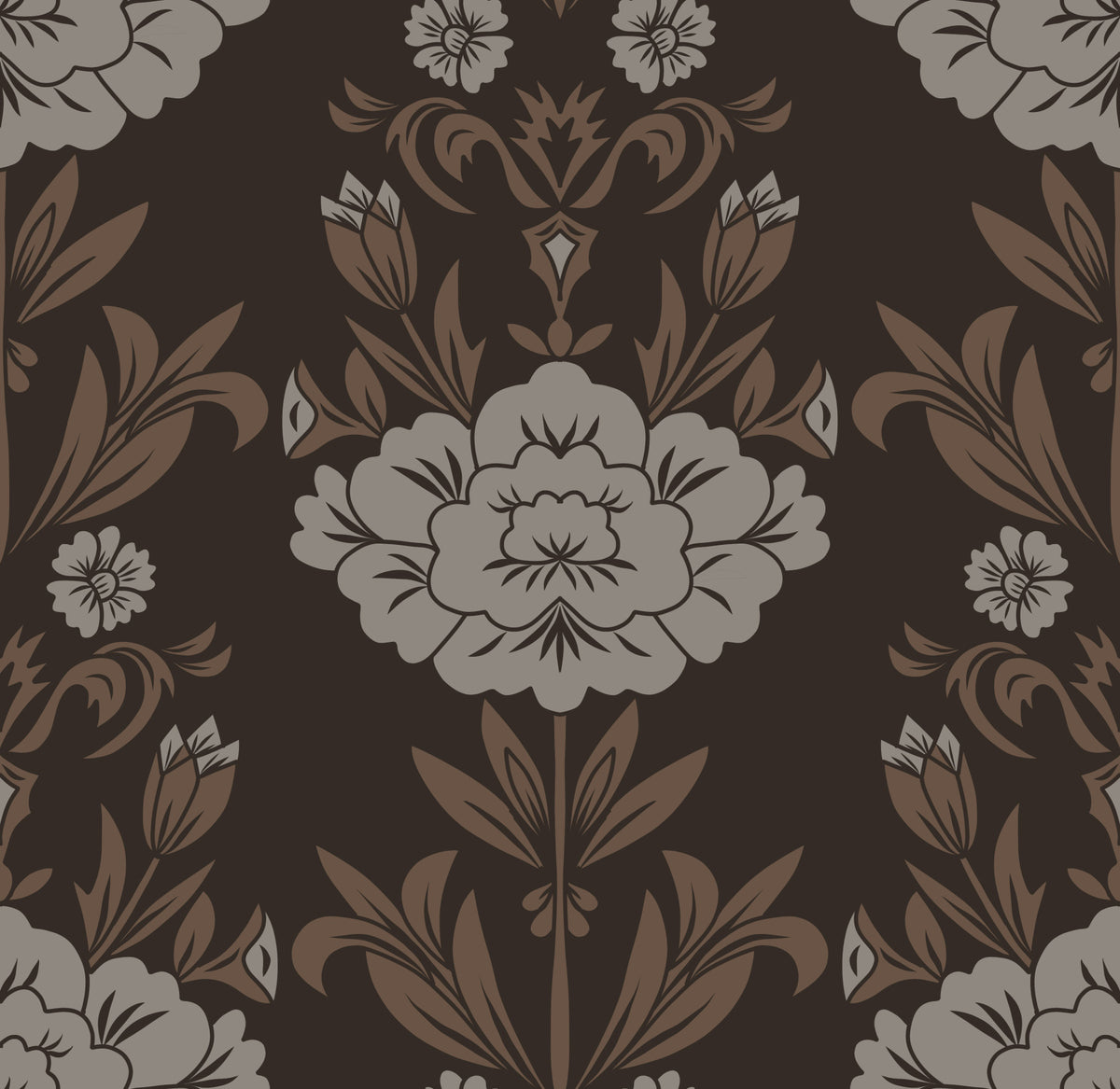 Choco Floral Damask Motif Wallpaper⁠ in your room — zoomed