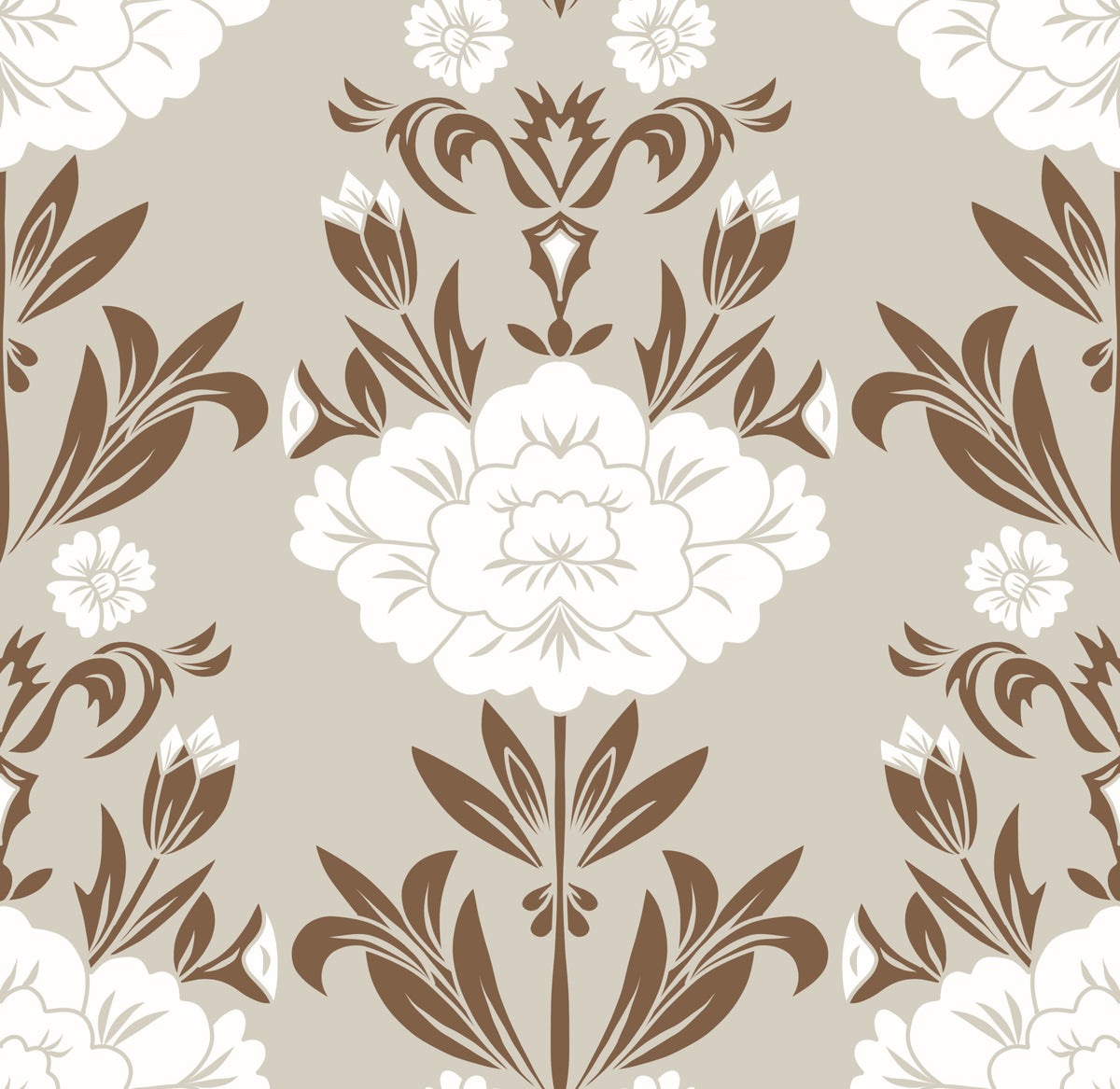 Cream and Brown Floral Damask Wallpaper⁠