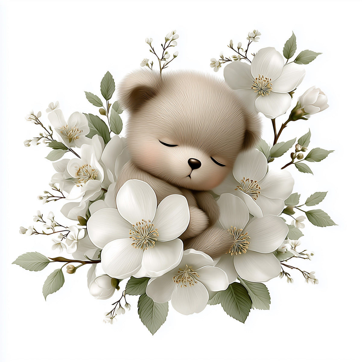 Sleeping Bear in White Blossom Wall Mural