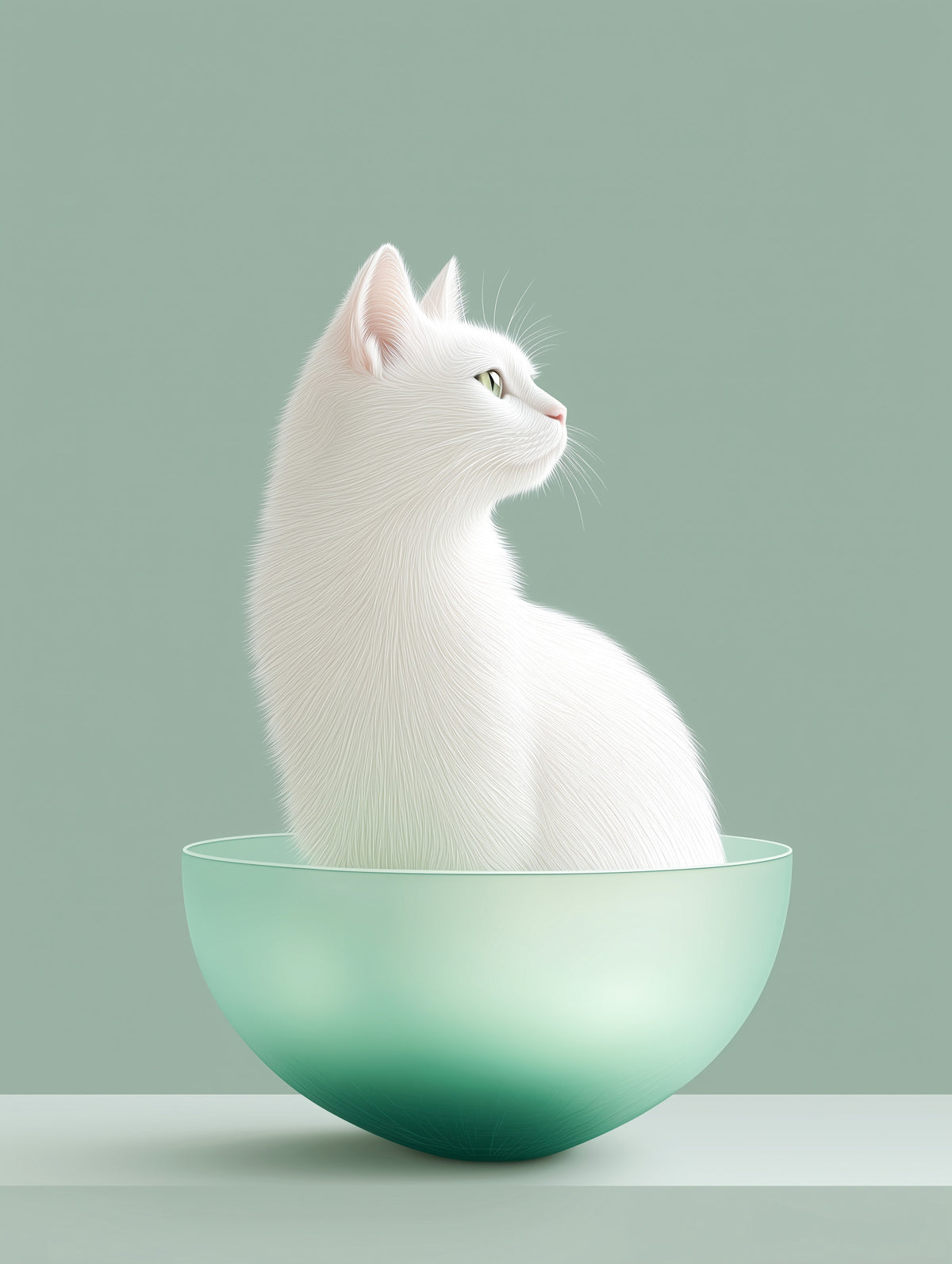 Minimalist White Cat in Mint Bowl Wall Mural in your room — zoomed