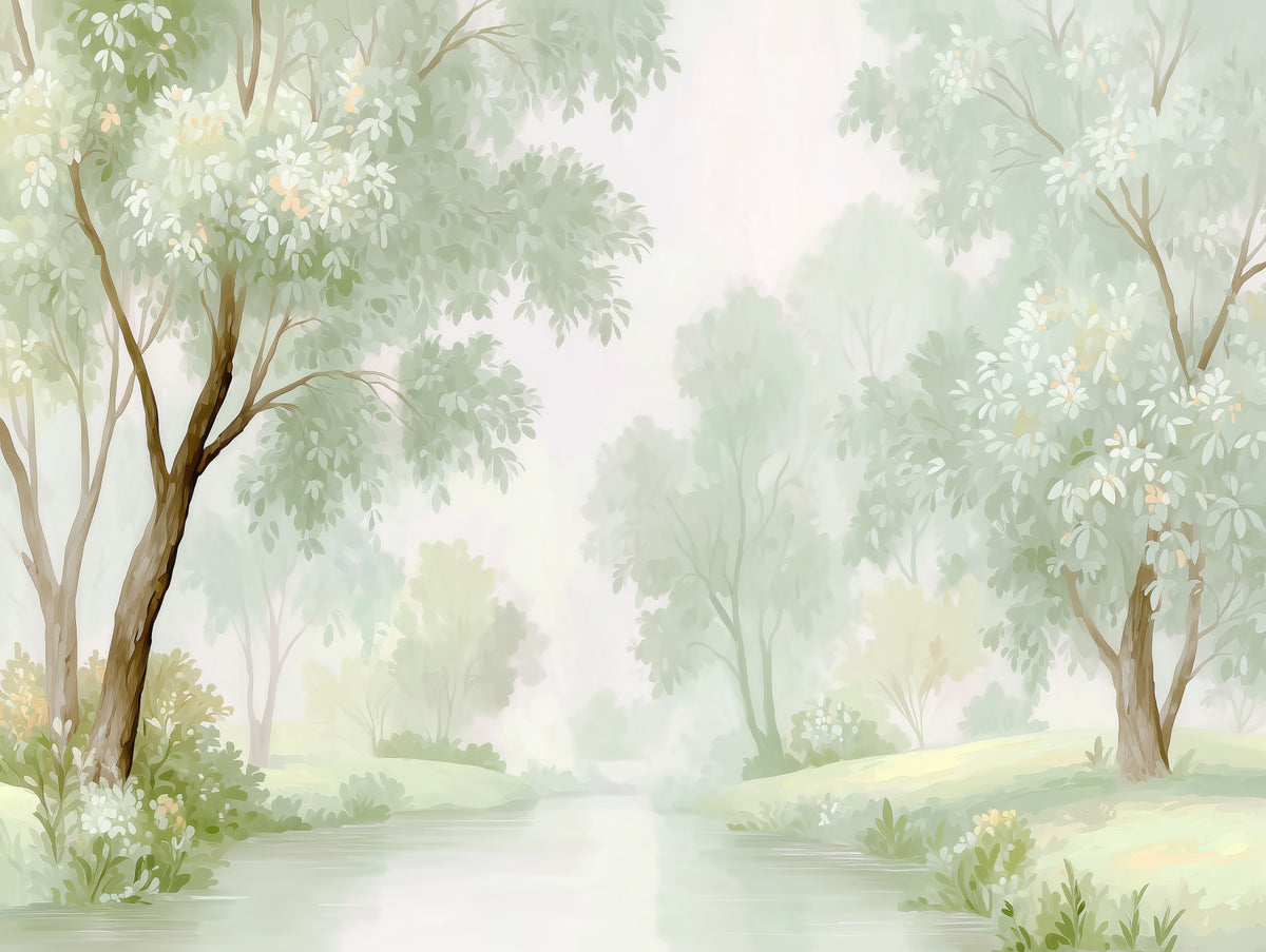 Misty Morning Riverside Forest Wall Mural