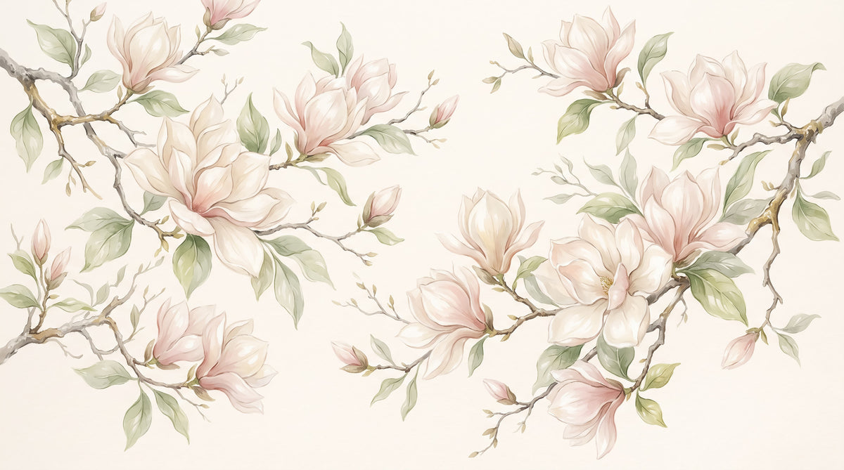 Soft Watercolor Magnolia Branches Wall Mural in your room — zoomed