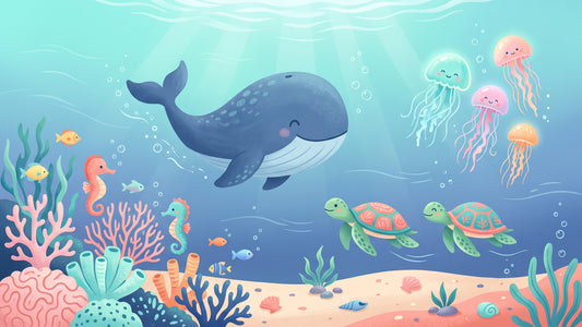 Friendly Whale and Friends Ocean Scene Wall Mural