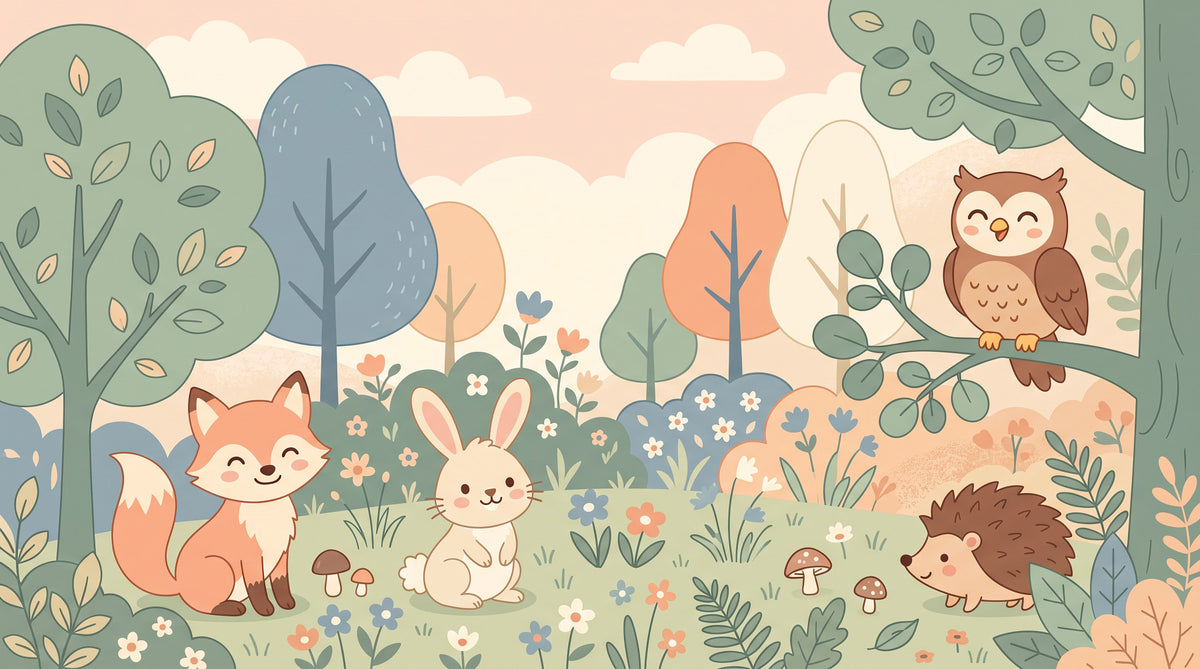 Friendly Woodland Creatures in Soft Pastel Forest Wall Mural in your room — zoomed