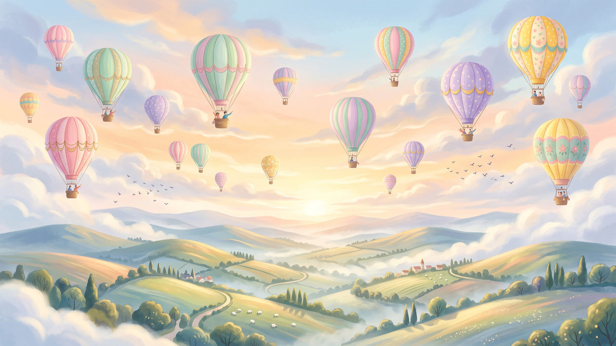 Pastel Skies and Floating Balloons Wall Mural in your room — zoomed