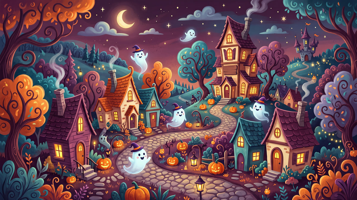 Whimsical Ghostly Village Night Wall Mural in your room — zoomed
