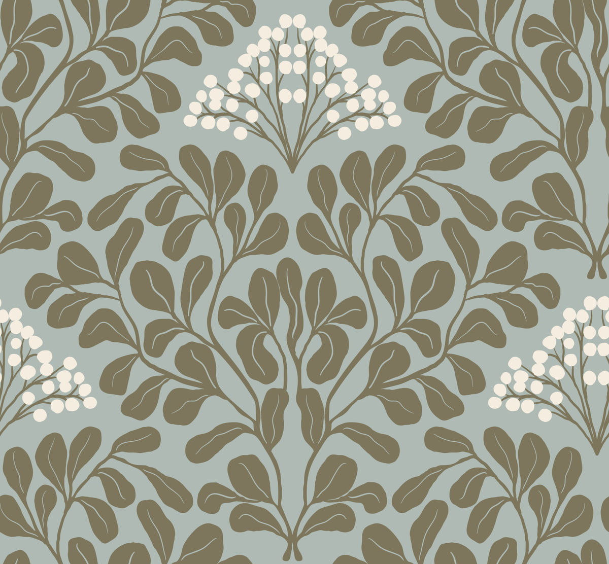 Minimalist Sage Leaf and Berry Pattern Wallpaper⁠