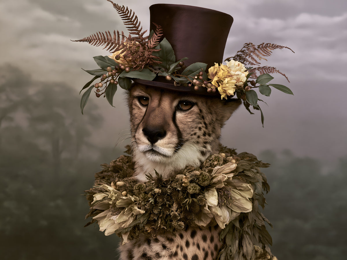 Cheetah in Top Hat with Floral Crown Wall Mural