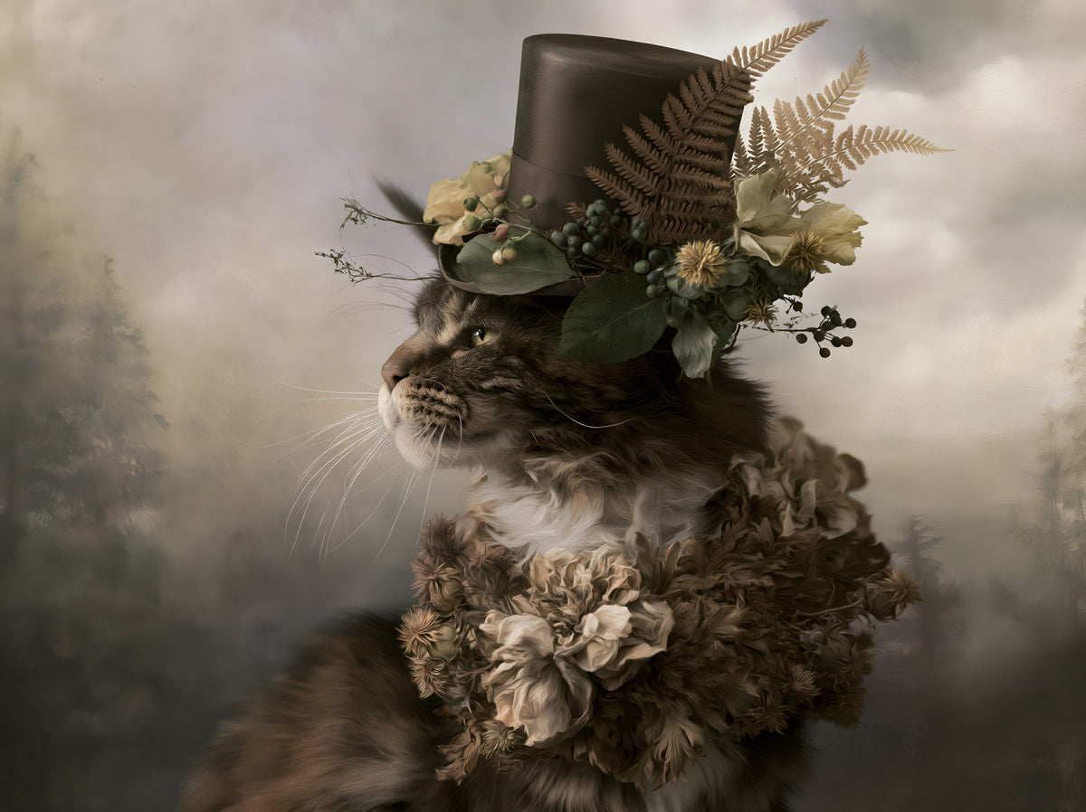 Aristocratic Cat with Floral Top Hat Wall Mural in your room — zoomed