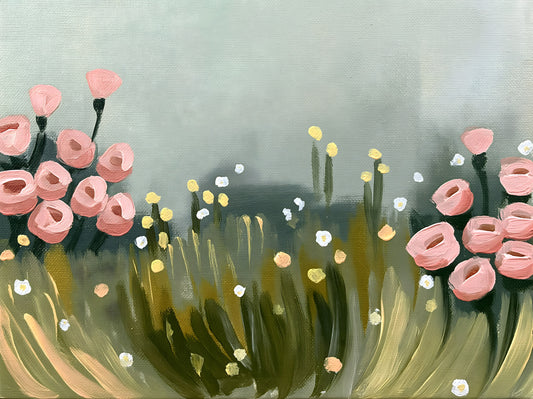 Soft Pink Petals in Meadow Haze Wall Mural