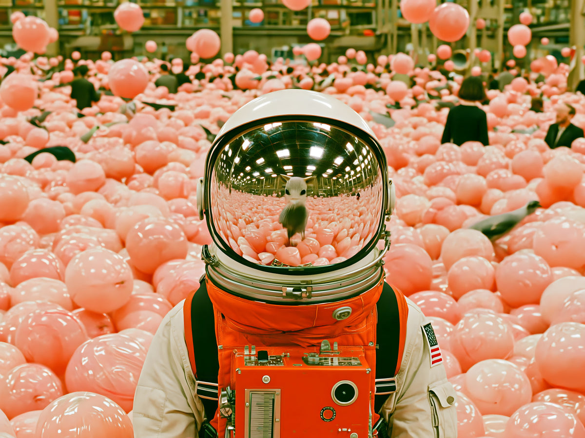 Astronaut in a Sea of Pink Balloons Wall Mural in your room — zoomed