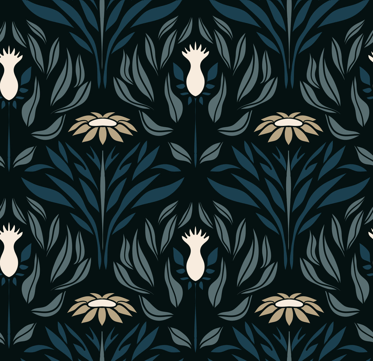 Teal and Cream Floral Symmetry Wallpaper⁠ in your room — zoomed