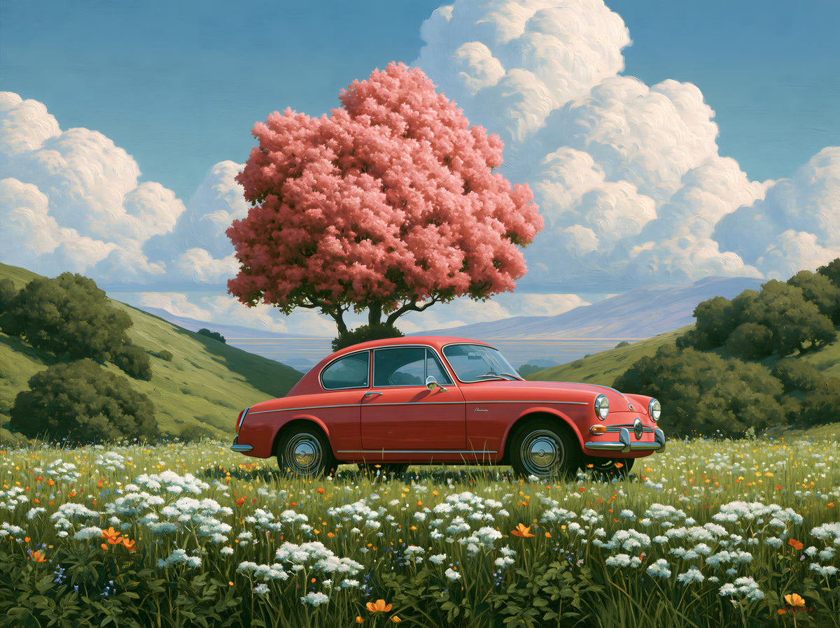 Vintage Red Coupe in Spring Meadow Wall Mural