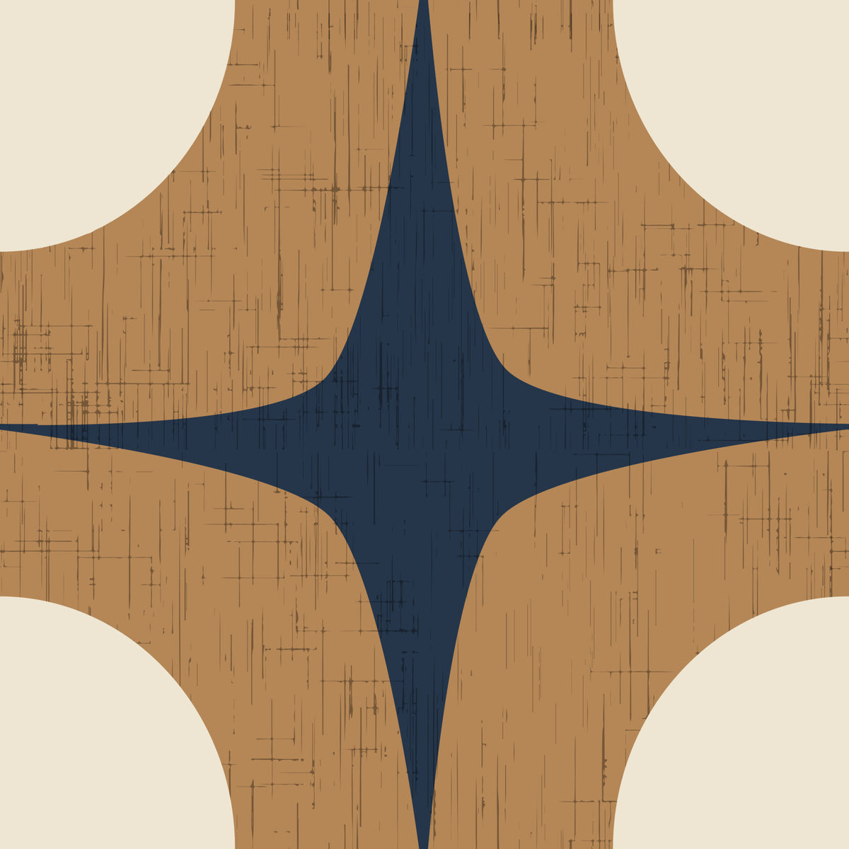 Mid Century Atomic Starburst Wallpaper Navy Blue & Caramel Wallpaper⁠ in your room — zoomed