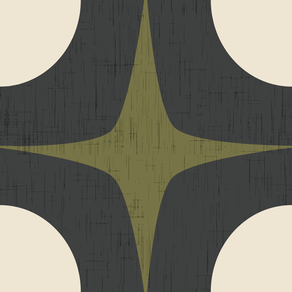 Mid Century Atomic Starburst Wallpaper Charcoal & Olive Wallpaper⁠ in your room — zoomed