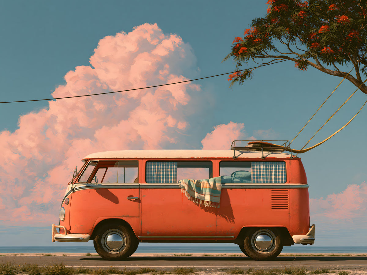 Vintage Coastal Camper Van Escape Wall Mural in your room — zoomed