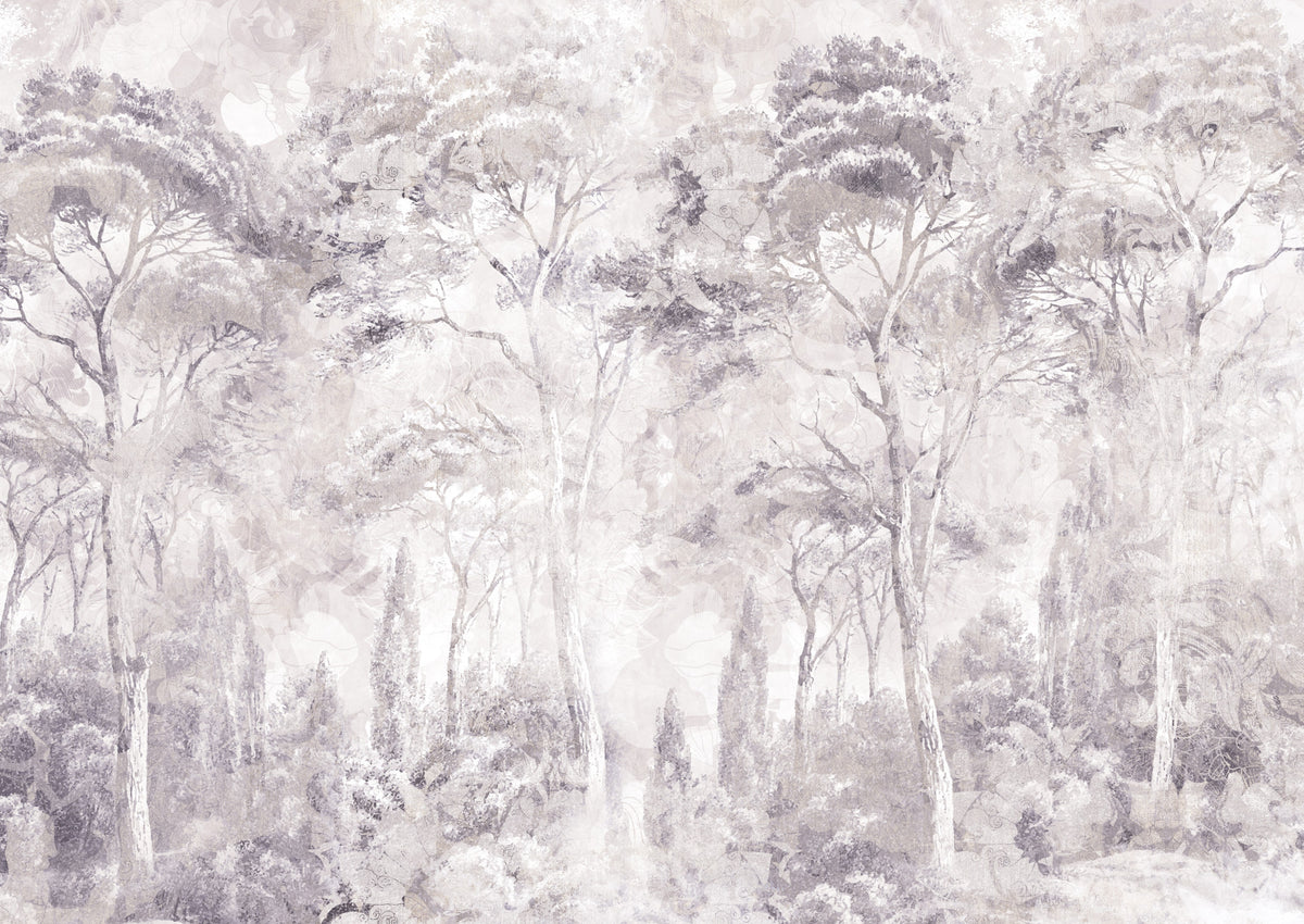 Misty Forest Landscape Dusty Lavender Wall Mural Wall Mural in your room — zoomed