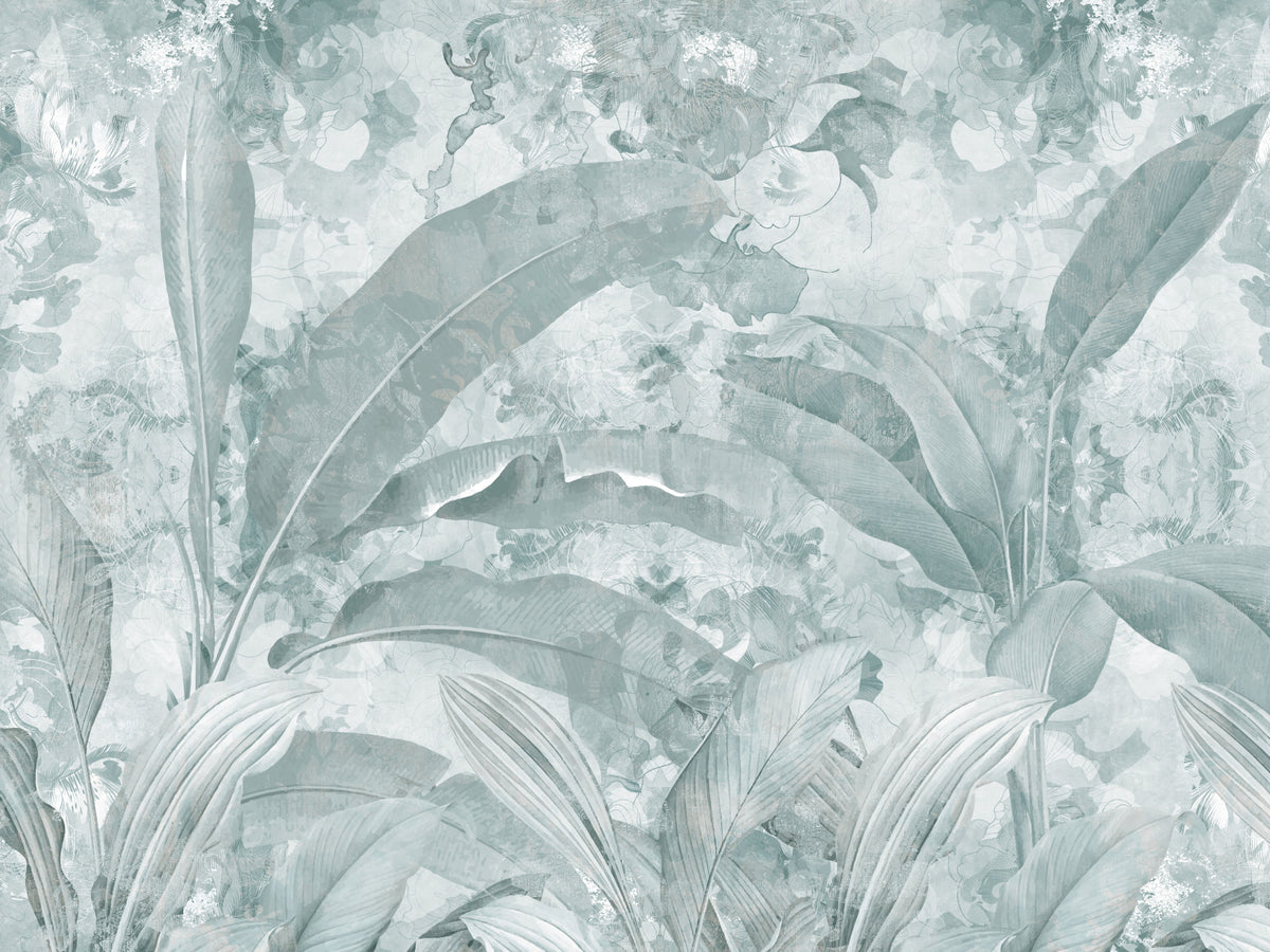 Ocean Aqua Tropical Leaves Wall Mural Wall Mural