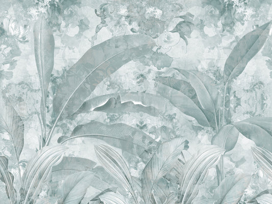 Ocean Aqua Tropical Leaves Wall Mural Wall Mural