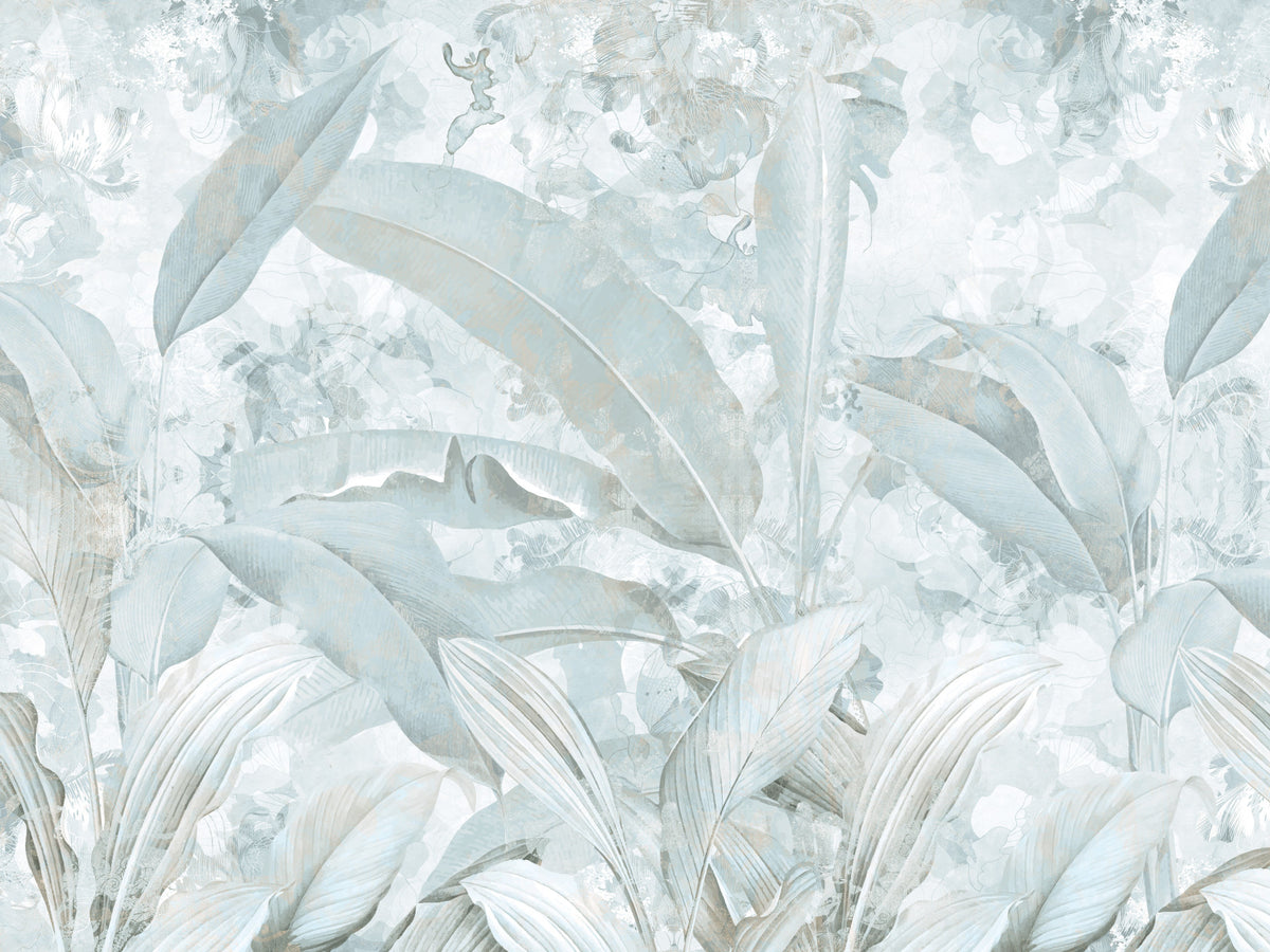 Ice Blue Botanical Banana Leaf Wall Mural Wall Mural in your room — zoomed