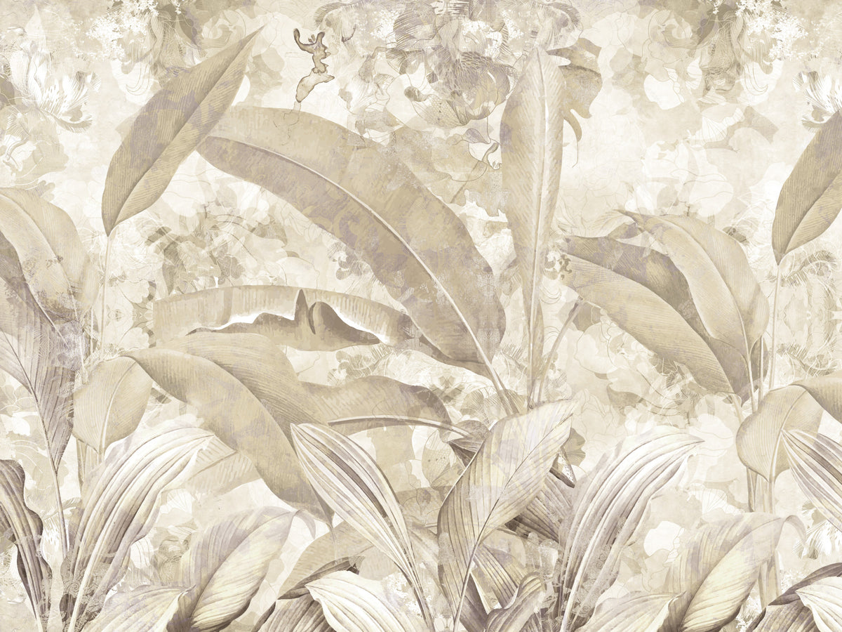 Warm Sand Beige Tropical Botanical Leaf Wall Mural Wall Mural in your room — zoomed