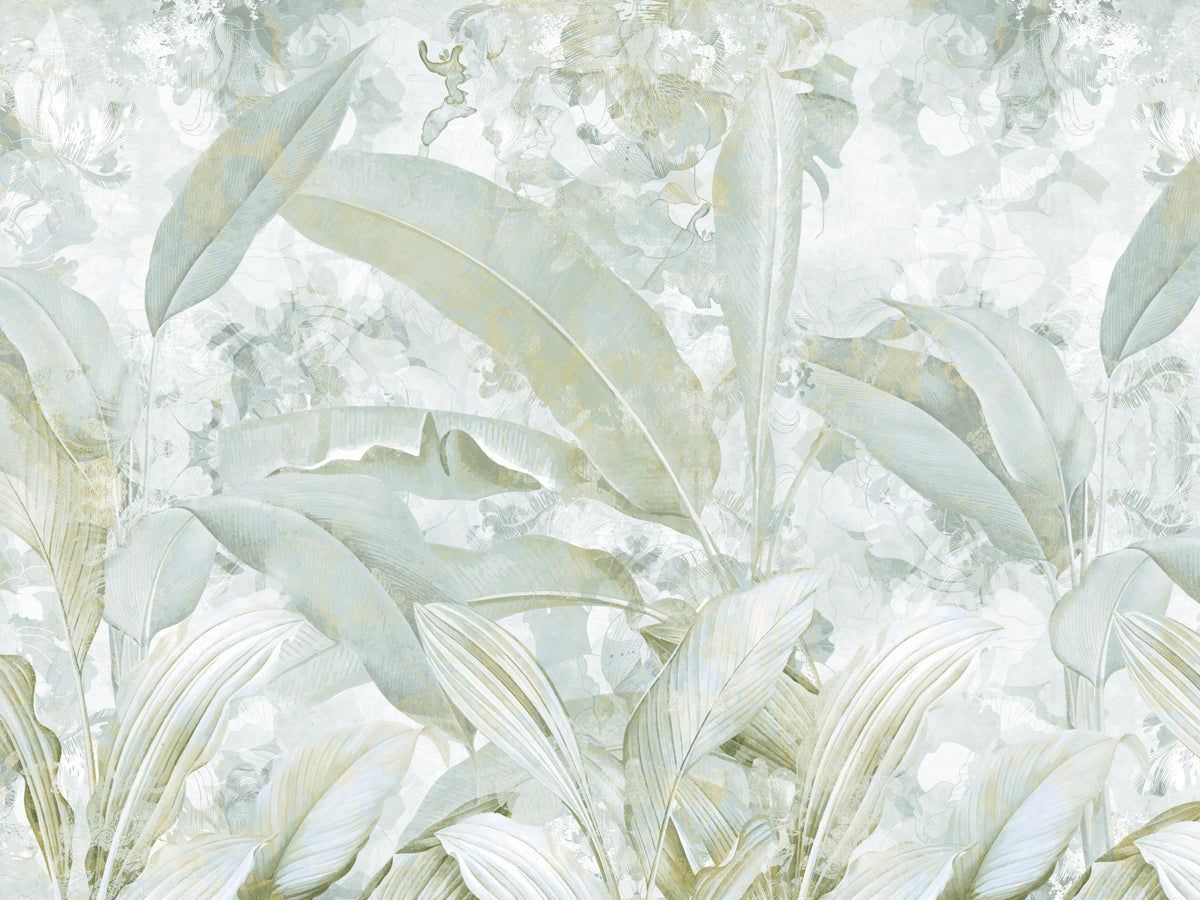 Sage Green Gold Tropical Botanical Leaf Wall Mural Wall Mural in your room — zoomed