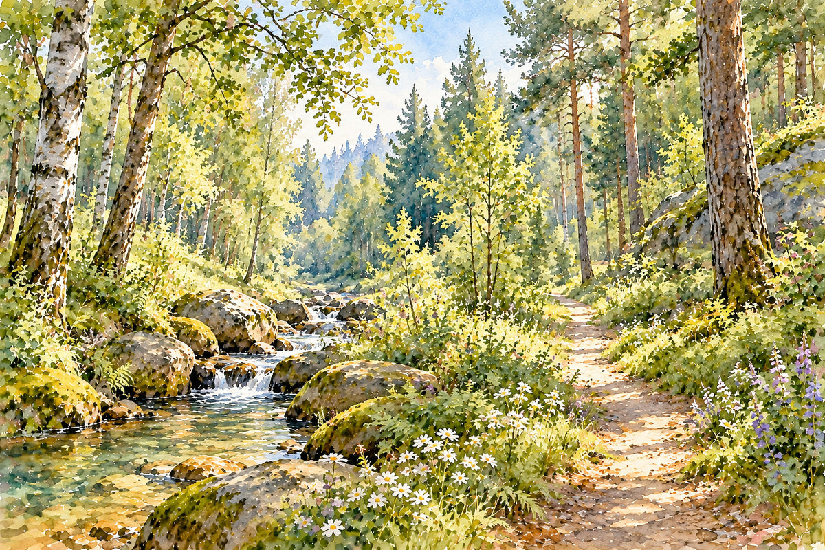 Sunlit Forest Stream Meadow Wall Mural in your room — zoomed