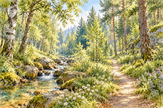 Sunlit Forest Stream Meadow Wall Mural