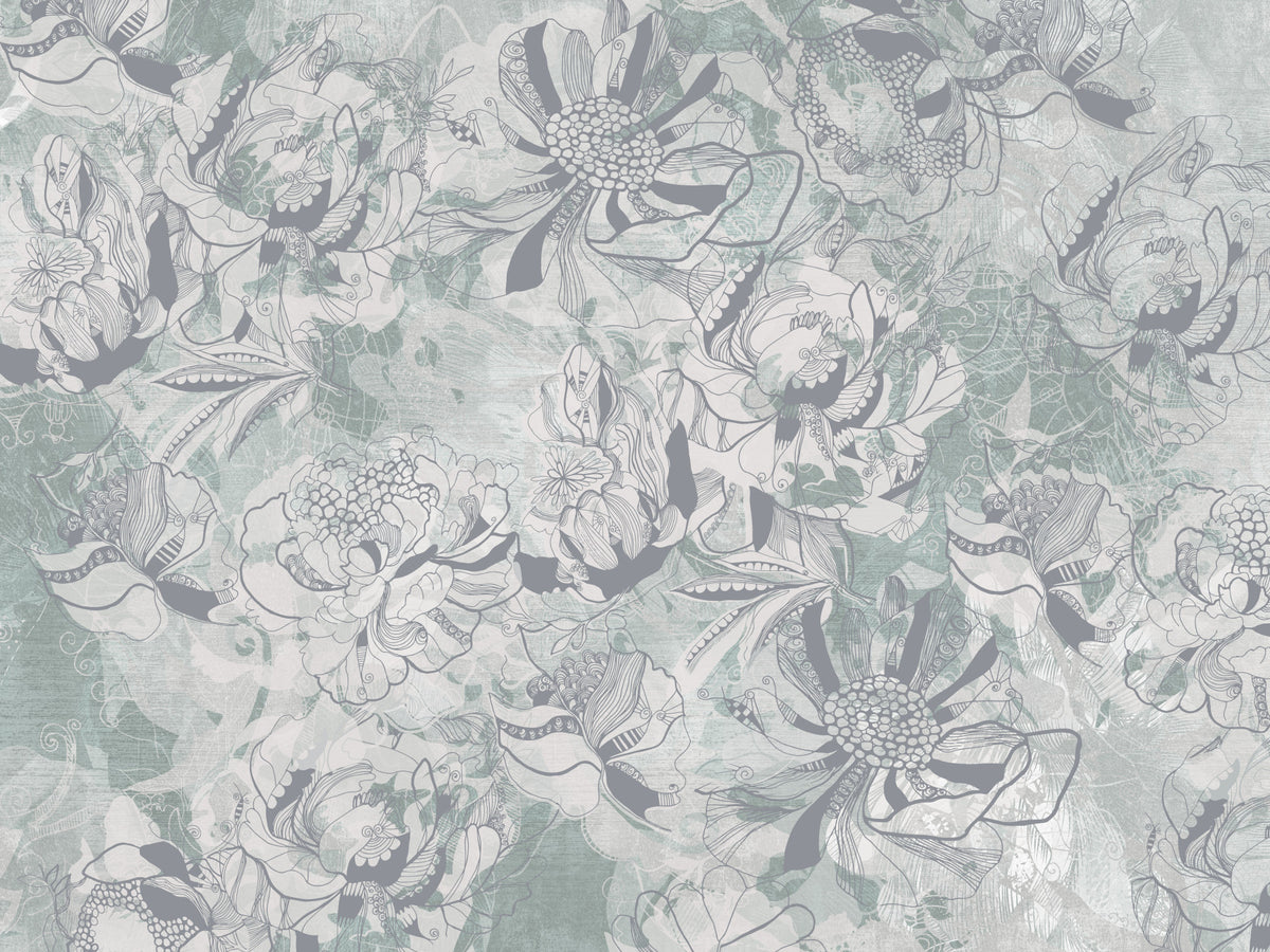 Misty Slate Ice Teal Botanical Floral Wall Mural Wall Mural