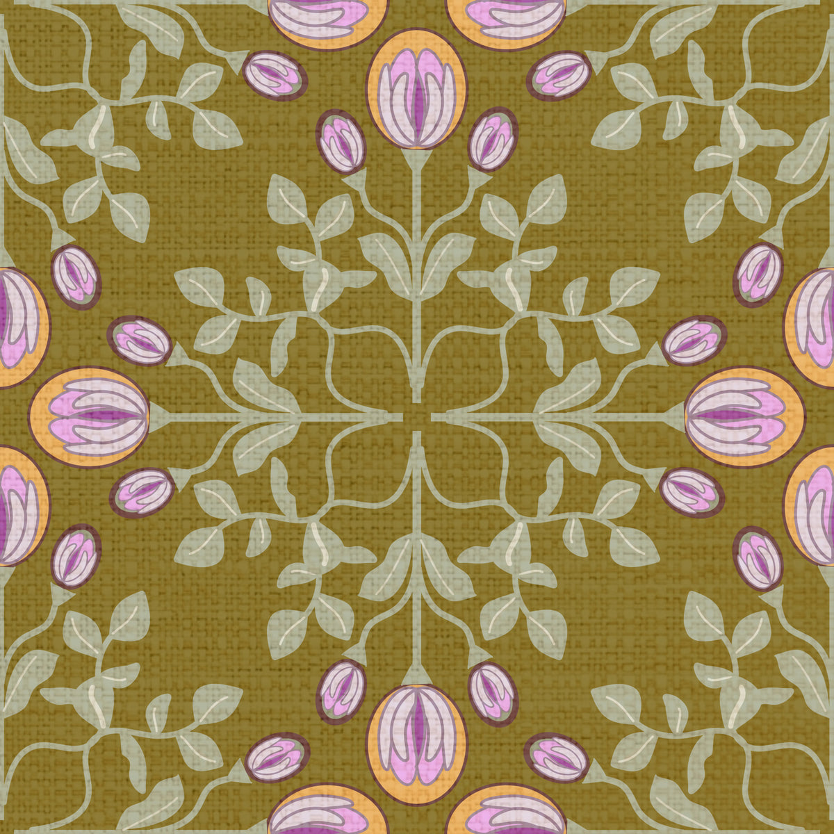 Symmetric Floral Renaissance on Olive Green Wallpaper⁠